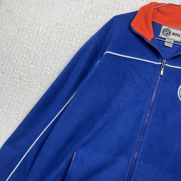 VTG NHL Edmonton Oilers Hockey Mens Sz L Polar Fleece Jacket Blue / Orange Read - Picture 3 of 16